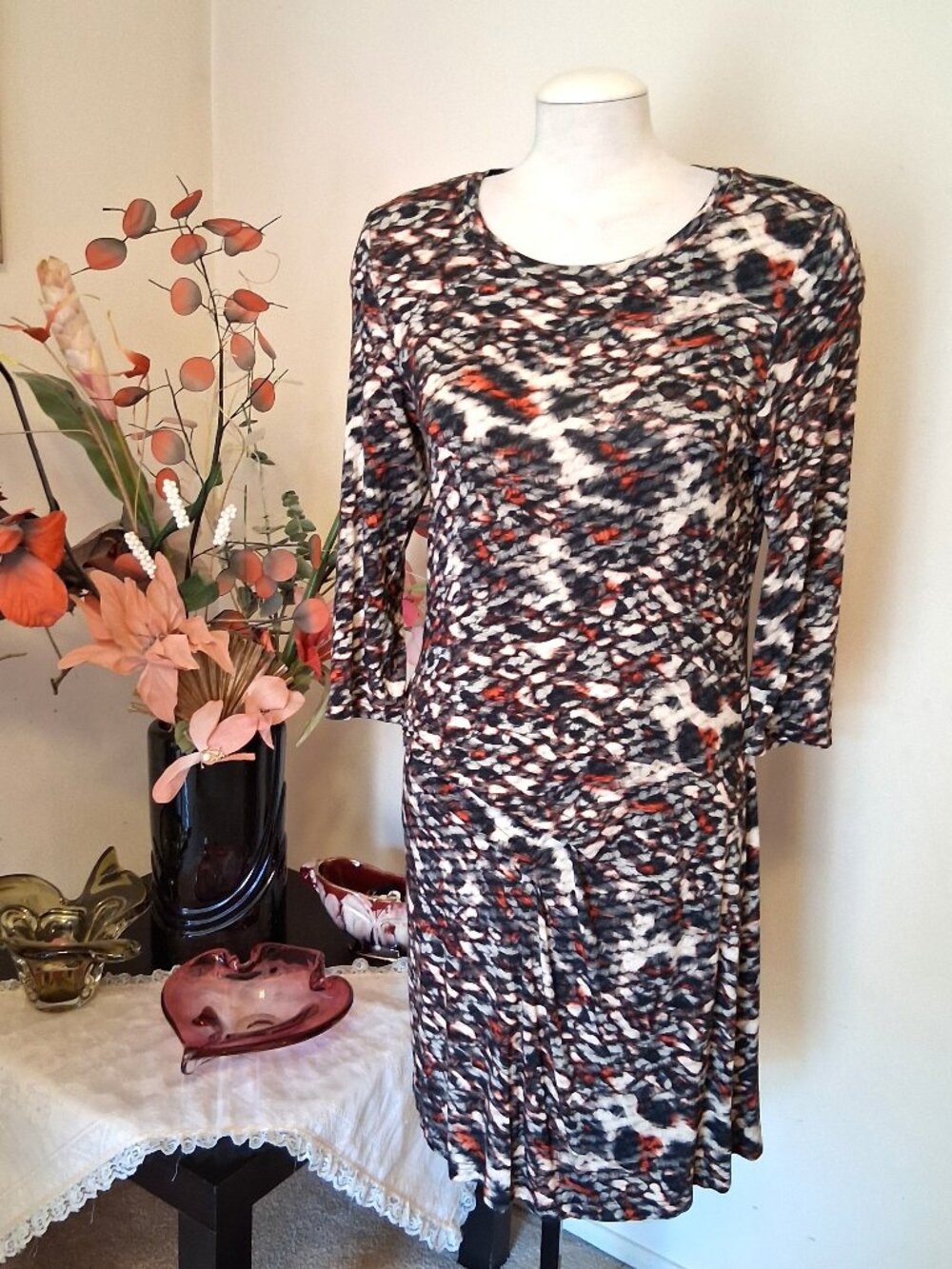 New Eric Alexandre Well Tailored Multi Color Printed Dress ¾ Sleeve Midi Dresses
